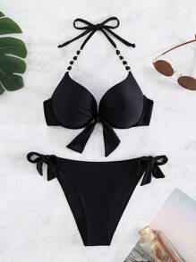 Swim SXY 夏季沙灘單色頸掛比基尼套裝 - 黑色 - 查看 3