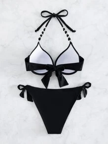 Swim SXY 夏季沙灘單色頸掛比基尼套裝 - 黑色 - 查看 4