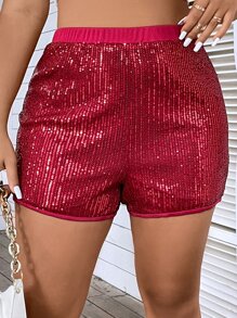 Calvaya Plus High Waist Sequin Shorts - Burgundy - View 2