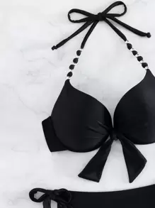 Swim SXY 夏季沙灘單色頸掛比基尼套裝 - 黑色 - 查看 5