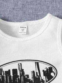 SHEIN Tween Girl Building Print Ribbed Knit Crop Tank Top - White - View 3