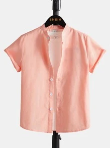 SHEIN 男孩素色前紐扣襯衫不帶T恤 - 珊瑚粉 - 查看 1