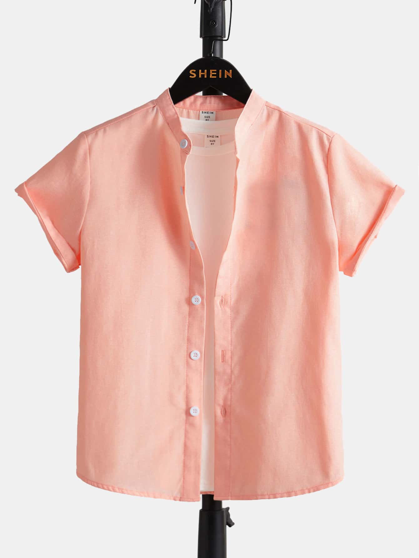 SHEIN 男孩素色前紐扣襯衫不帶T恤 - 珊瑚粉 - 查看 1