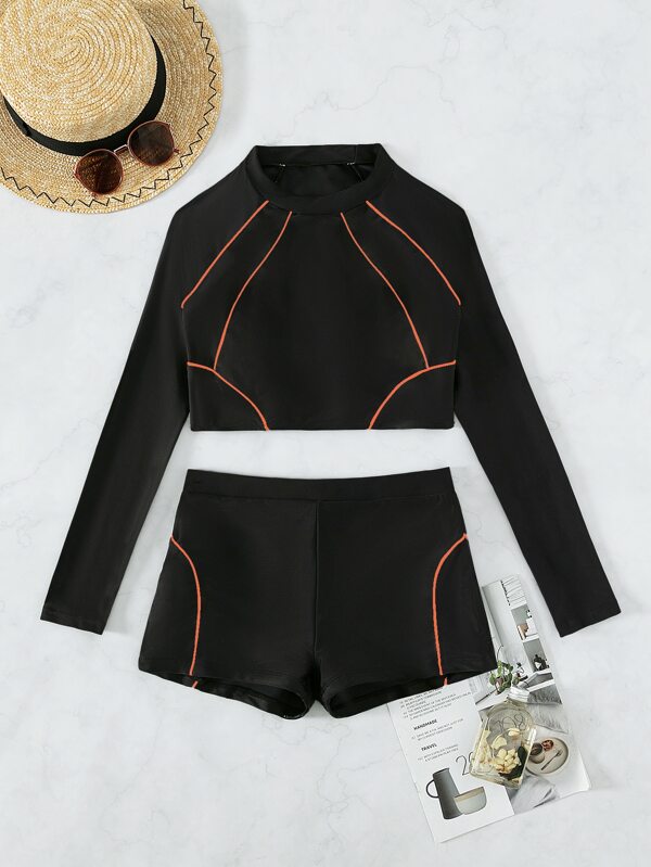 SHEIN SHEIN Swim SERF Mono Tankini Set Long Sleeve High Neck Contrast