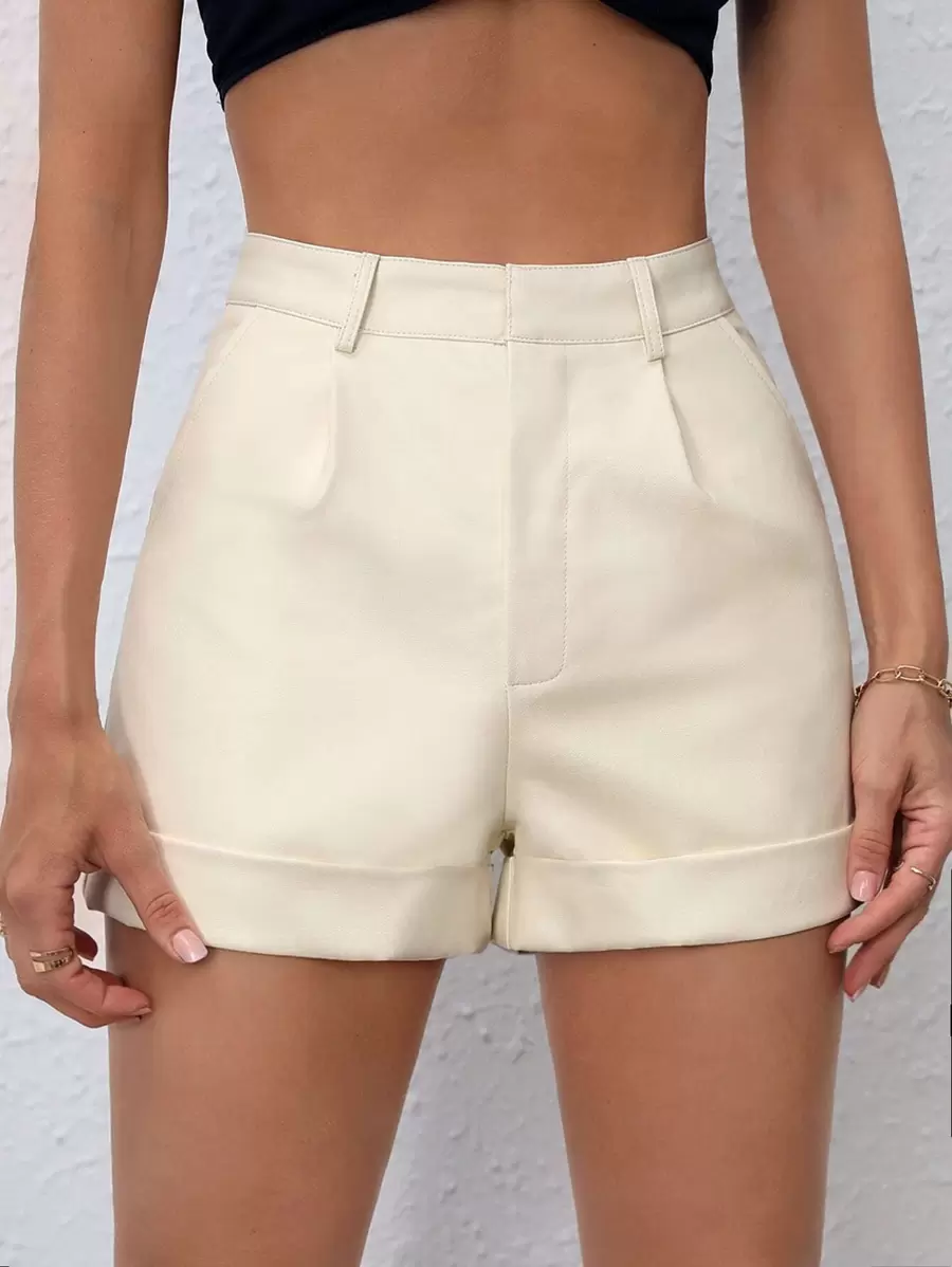 SHEIN PETITE Slant Pocket PU Shorts - White - View 1