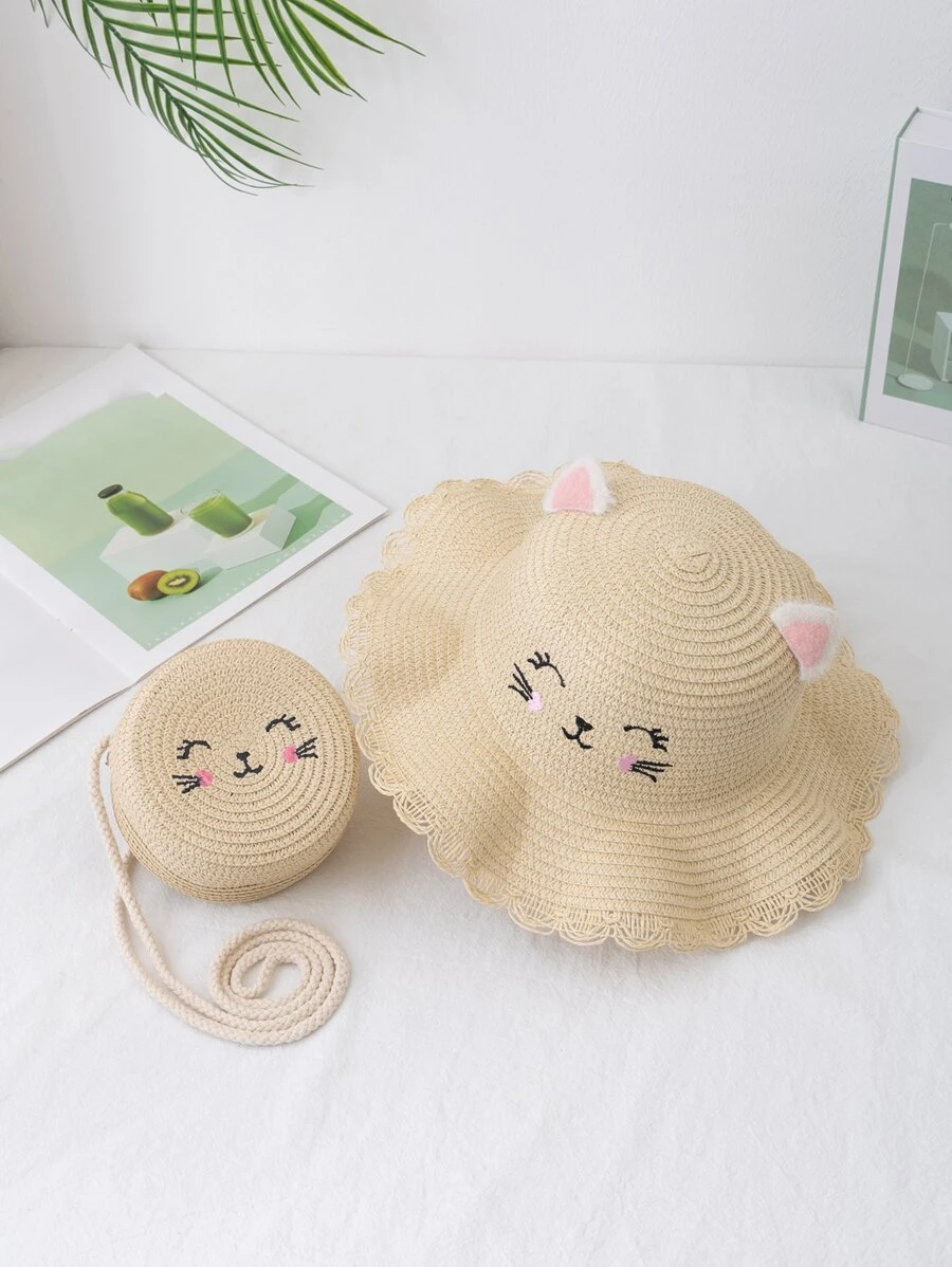 女孩卡通設計草編包附帽子 - 米色 - 查看 1