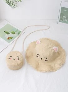 女孩卡通設計草編包附帽子 - 米色 - 查看 2