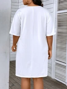 SHEIN Holidaya Plus Graphic Print Drop Shoulder Tee Dress - Black and White - View 2