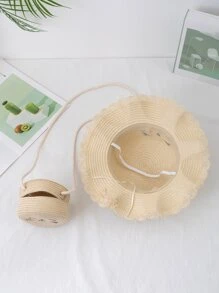 女孩卡通設計草編包附帽子 - 米色 - 查看 4