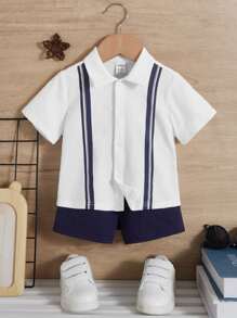 SHEIN Đứa bé trai In sọc Áo sơ mi & Quần short - Màu xanh hải quân - Xem 1