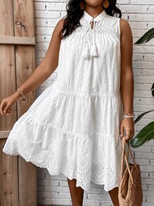 Breezaya Plus Tassel Tie Neck Ruffle Hem Schiffy Smock Dress - White - View 1