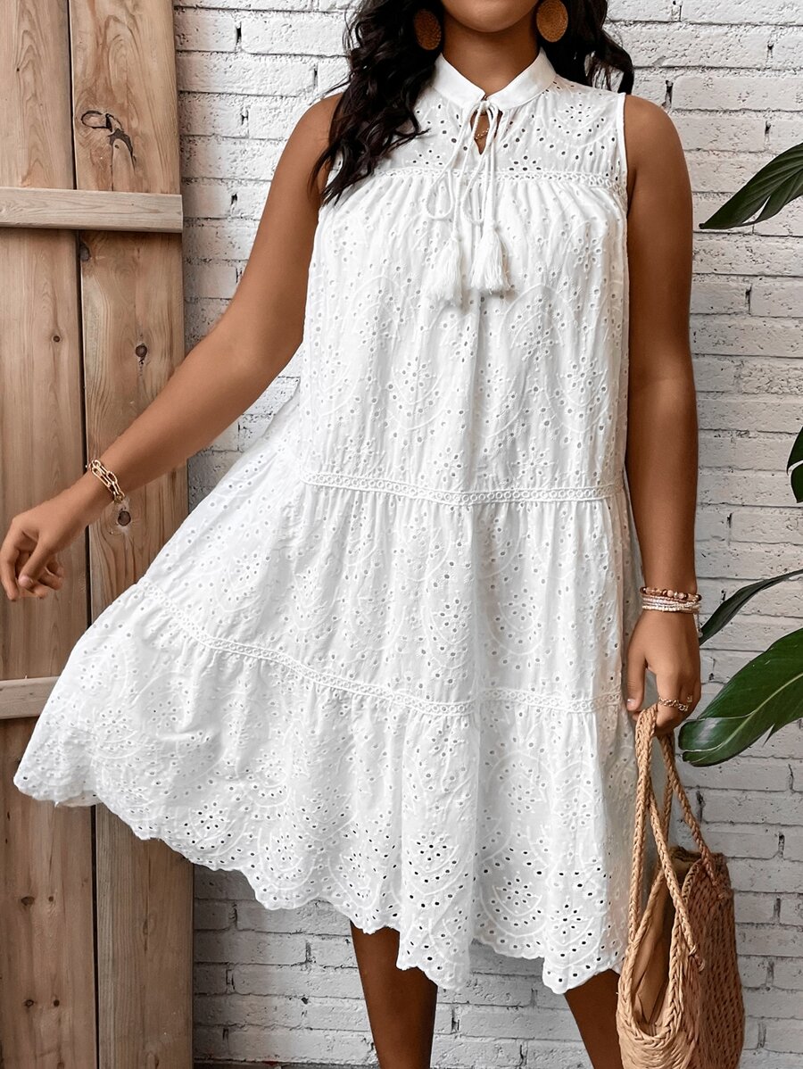 Breezaya Plus Tassel Tie Neck Ruffle Hem Schiffy Smock Dress - White - View 1