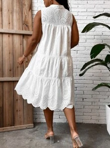 Breezaya Plus Tassel Tie Neck Ruffle Hem Schiffy Smock Dress - White - View 2