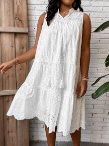 Breezaya Plus Tassel Tie Neck Ruffle Hem Schiffy Smock Dress - White - View 3