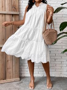 Breezaya Plus Tassel Tie Neck Ruffle Hem Schiffy Smock Dress - White - View 4