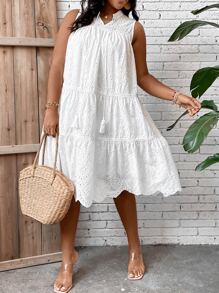 Breezaya Plus Tassel Tie Neck Ruffle Hem Schiffy Smock Dress - White - View 5