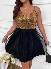 SHEIN Unity Plus Contrast Sequin Mesh Overlay Cami Dress - Multicolor - View 2