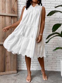 Breezaya Plus Tassel Tie Neck Ruffle Hem Schiffy Smock Dress - White - View 6