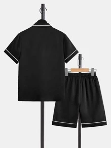 SHEIN Boys Letter Patched Contrast Piping PJ Set - Black - View 2