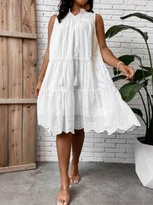 Breezaya Plus Tassel Tie Neck Ruffle Hem Schiffy Smock Dress - White - View 7