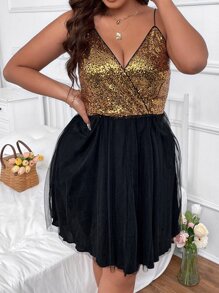 SHEIN Unity Plus Contrast Sequin Mesh Overlay Cami Dress - Multicolor - View 4