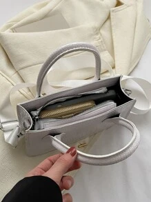 Crocodile Embossed Double Handle Bag - White - View 4