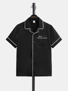 SHEIN Boys Letter Patched Contrast Piping PJ Set - Black - View 5
