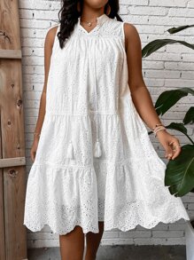 Breezaya Plus Tassel Tie Neck Ruffle Hem Schiffy Smock Dress - White - View 8