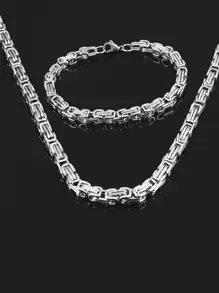 Men Minimalist Chain Necklace & Bracelet Stainless Steel Punk Hip Pop Style - Silver - View 7