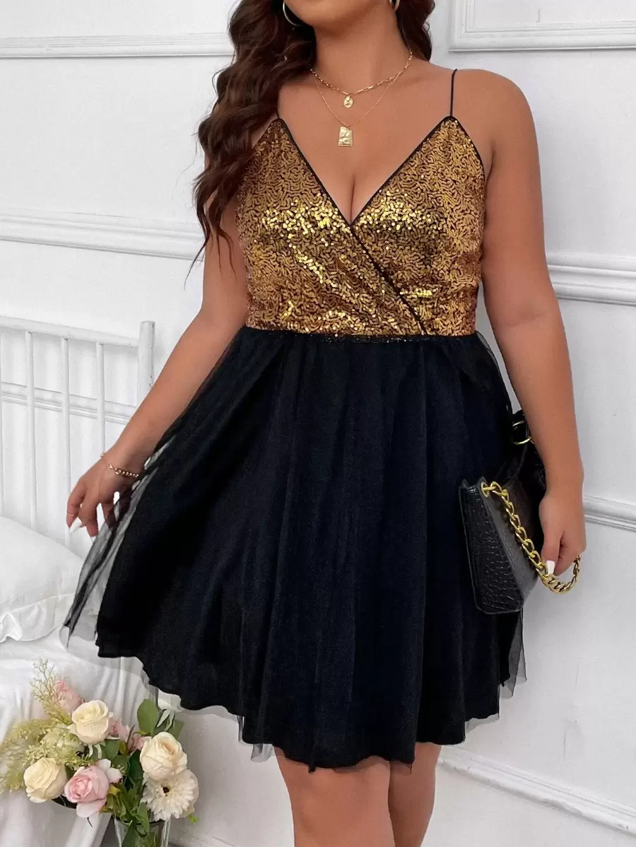 SHEIN Unity Plus Contrast Sequin Mesh Overlay Cami Dress - Multicolor - View 1