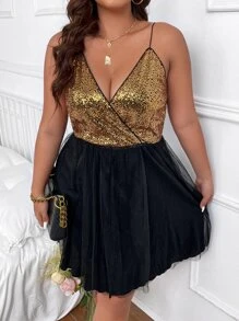 SHEIN Unity Plus Contrast Sequin Mesh Overlay Cami Dress - Multicolor - View 6