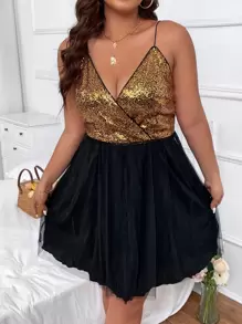 SHEIN Unity Plus Contrast Sequin Mesh Overlay Cami Dress - Multicolor - View 8