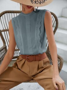 SHEIN Frenchy Guipure Lace Panel Keyhole Back Blouse,Bridgerton - Dusty Blue - View 1