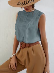 SHEIN Frenchy Guipure Lace Panel Keyhole Back Blouse,Bridgerton - Dusty Blue - View 3