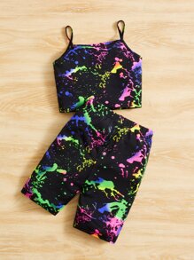 SHEIN Tween Girl Reflective Splash Ink Print Cami Top & Biker Shorts - Multicolor - View 2