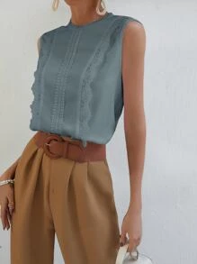 SHEIN Frenchy Guipure Lace Panel Keyhole Back Blouse,Bridgerton - Dusty Blue - View 4