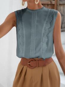 SHEIN Frenchy Guipure Lace Panel Keyhole Back Blouse,Bridgerton - Dusty Blue - View 5