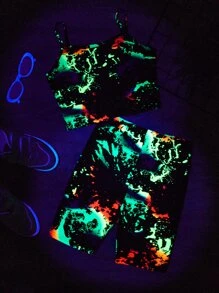 SHEIN Tween Girl Reflective Splash Ink Print Cami Top & Biker Shorts - Multicolor - View 4