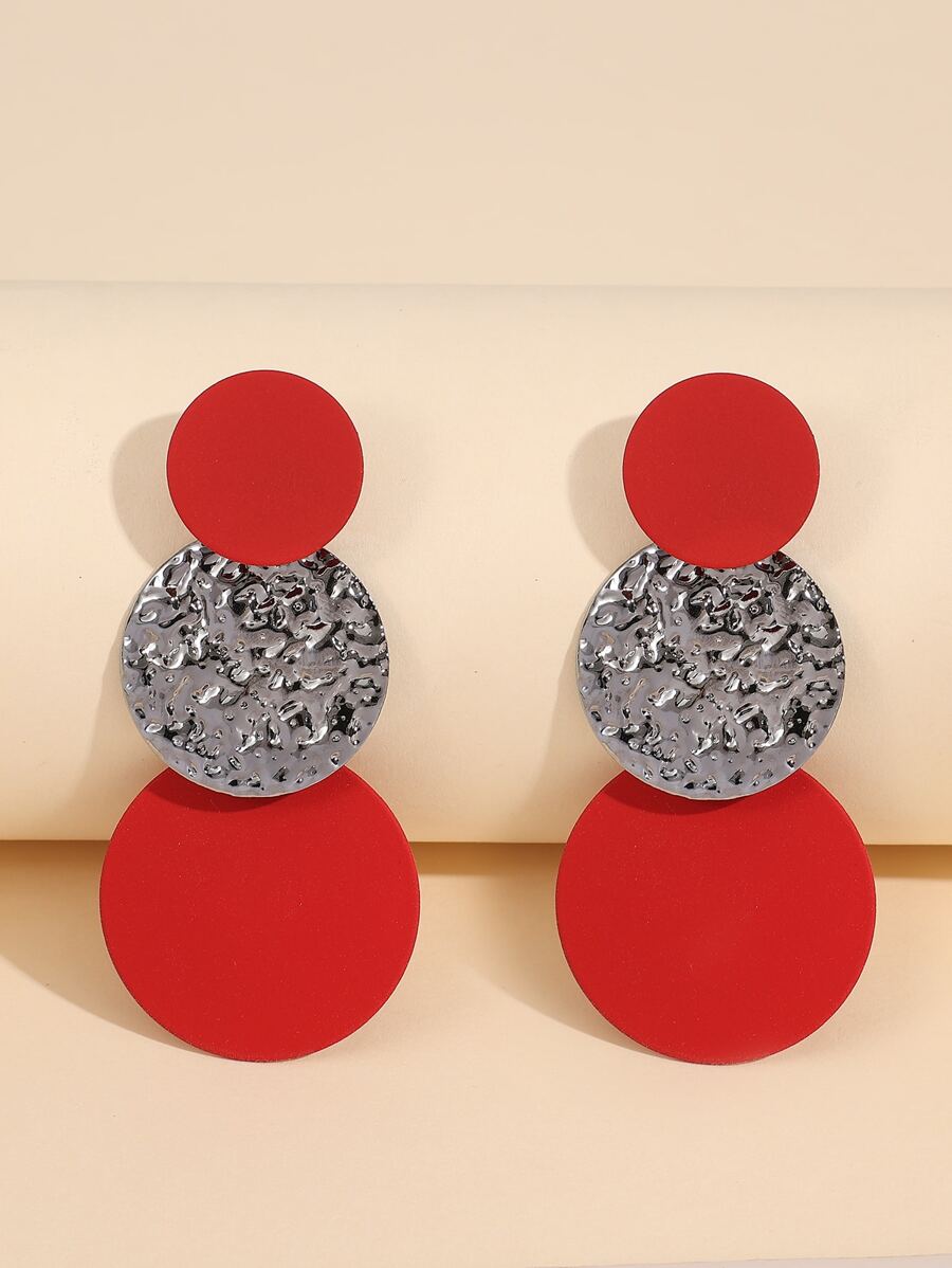 紋理質感圓形耳墜 - 紅色 - 查看 1