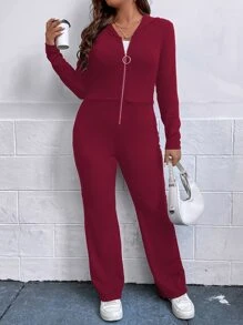 SHEIN Unity Plus Zip Up Hooded Jumpsuit - Rose Red - View 4