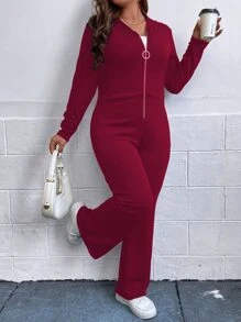 SHEIN Unity Plus Zip Up Hooded Jumpsuit - Rose Red - View 1