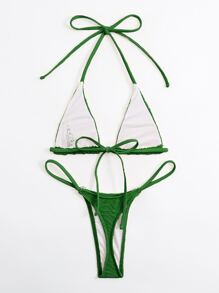 Swim SXY Summer Beach Halter Micro Triangle Thong Bikini Set - Green - View 2