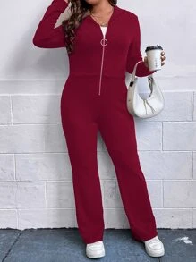 SHEIN Unity Plus Zip Up Hooded Jumpsuit - Rose Red - View 3