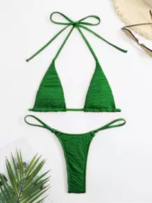 Swim SXY Summer Beach Halter Micro Triangle Thong Bikini Set - Green - View 5
