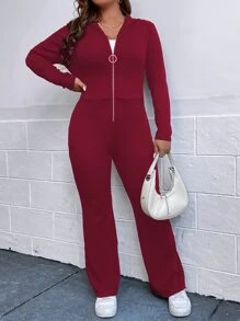 SHEIN Unity Plus Zip Up Hooded Jumpsuit - Rose Red - View 7