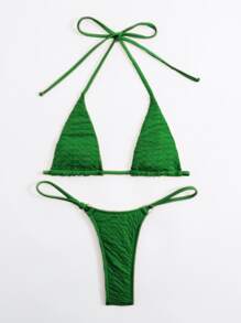 Swim SXY Summer Beach Halter Micro Triangle Thong Bikini Set - Green - View 6