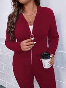 SHEIN Unity Plus Zip Up Hooded Jumpsuit - Rose Red - View 5