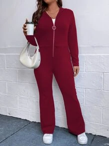 SHEIN Unity Plus Zip Up Hooded Jumpsuit - Rose Red - View 6