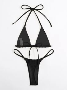 Swim SXY Summer Beach Halter Micro Triangle Thong Bikini Set - Black - View 2