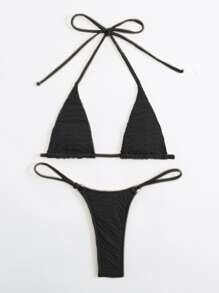 Swim SXY Summer Beach Halter Micro Triangle Thong Bikini Set - Black - View 4